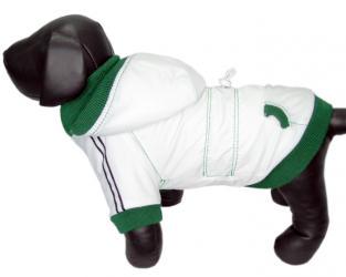 Biała kurtka z zielonymi dodatkami dla psa