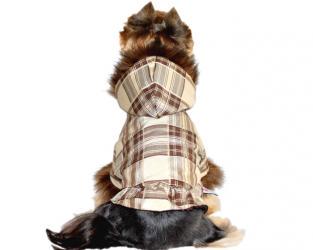 Ubranka dla psów kurtka z futerkiem beżowa szkocka kratka